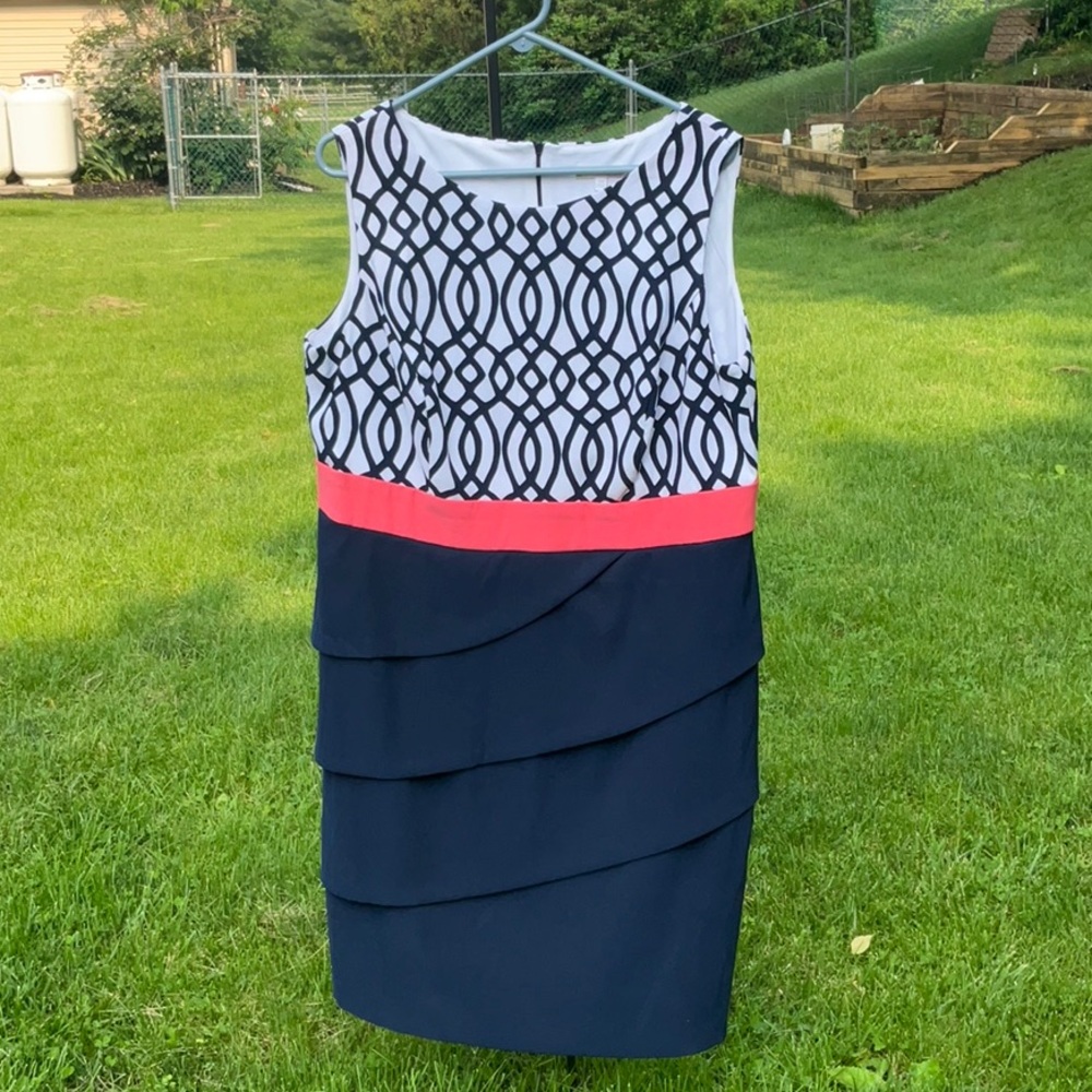 Signature Sabrina Navy and White printed tulip Sleeveless Dress with coral ccent